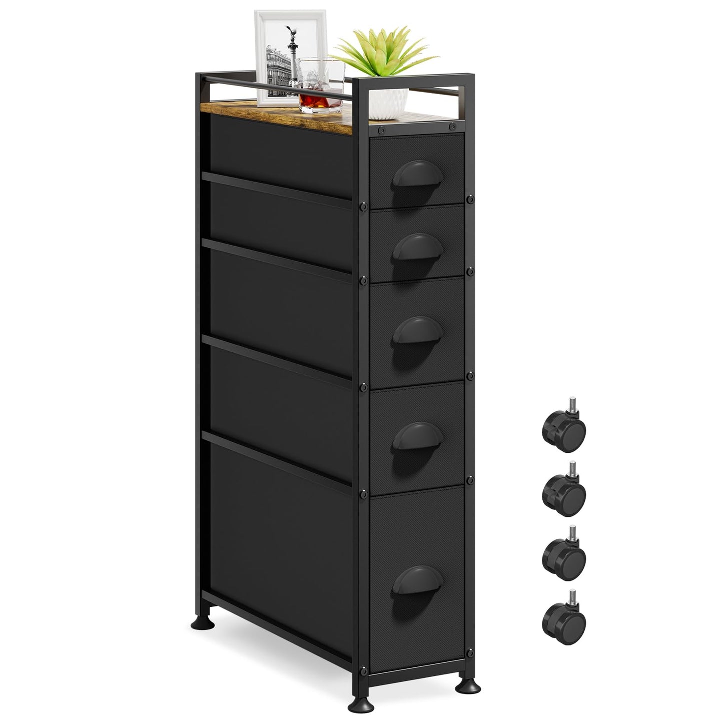 LASZOLA 5 Drawer Narrow Dresser Slim Cabinet Skinny Storage Tower Chest, Ideal for Small Spaces Bathroom, Between Washer and Dryer, Lightweight Mobile on Wheels,Fabric Drawers, Black