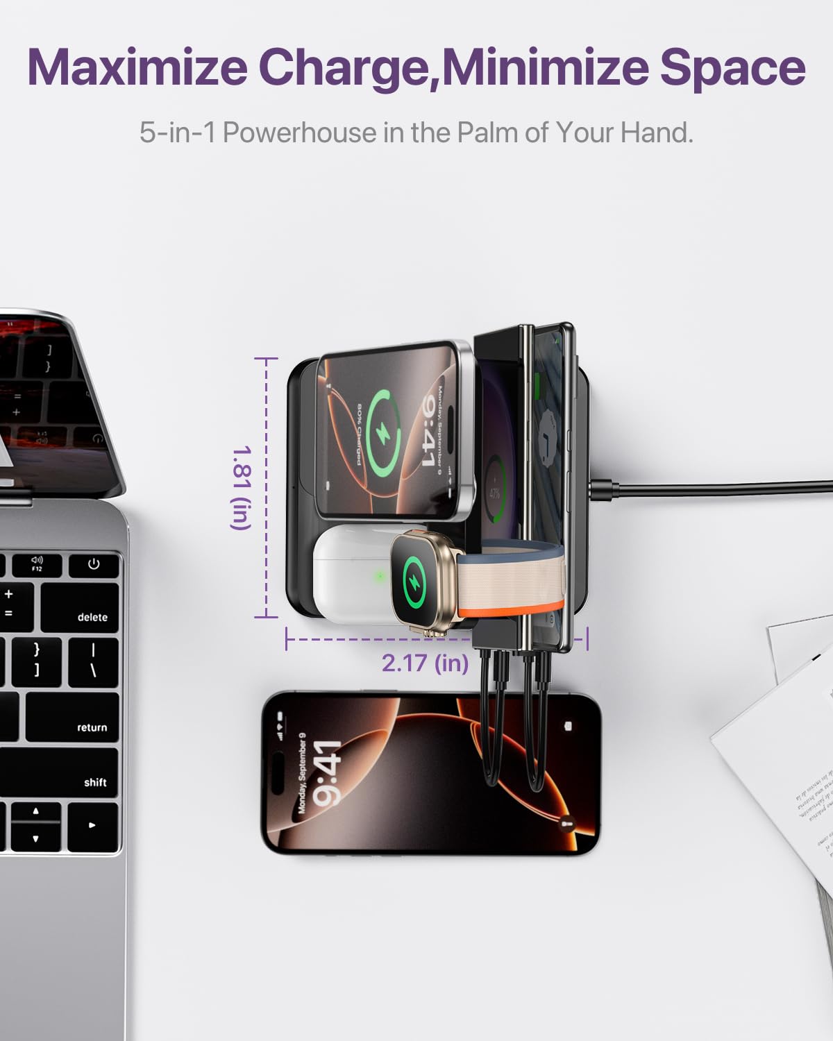 Caxdon Multiple Devices Charging Station, 5-in-1 Charging Station for iPhone 17 Pro Max/Pro/16/15/14/13/12, iPad Pro/Air/Mini, Apple Watch and Airpods,Wireless Charging Dock(G805, Black)