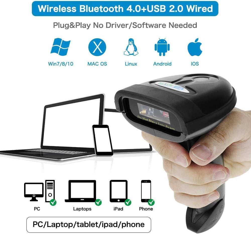 NETUM Bluetooth Barcode Scanner, Compatible with 2.4G Wireless & Bluetooth Function & Wired Connection, Connect Smart Phone, Tablet, PC, CCD Bar Code Reader Work with Windows, Mac,Android, iOS