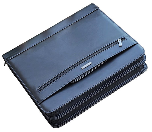 14" Laptop Briefcase, Vegan Leather Portfolio with Zipper Compartments x 2, A4 Papers Holder Padfolio Organizer, Black