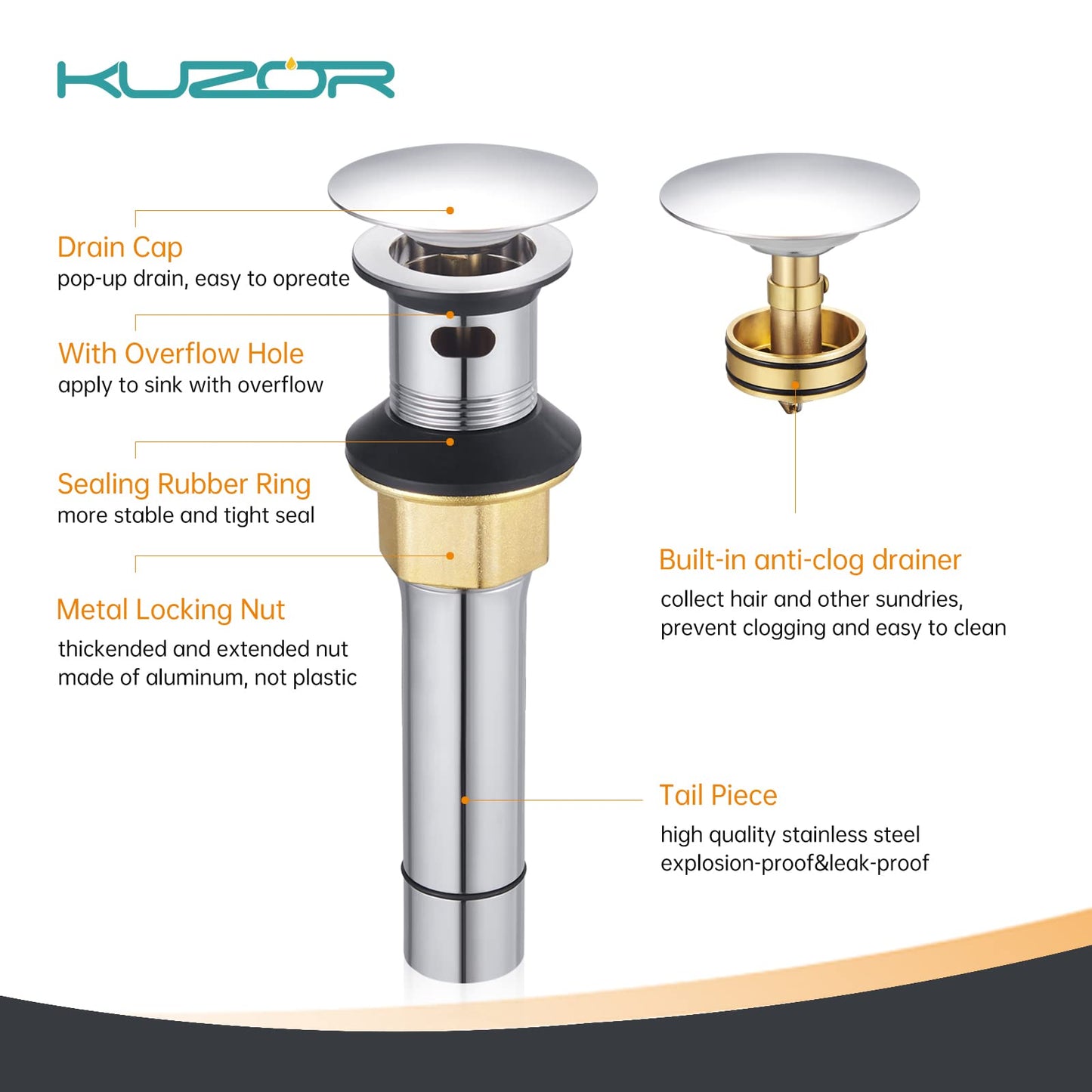 KUZOR 2PCS 304 Stainless Steel Bathroom Sink Drain with Overflow - Easy to Install for Modern Bath/Vanity/Vessel Pop Up Drain- Fits Sink Holes, 1-5/8 to 2 in - Chrome