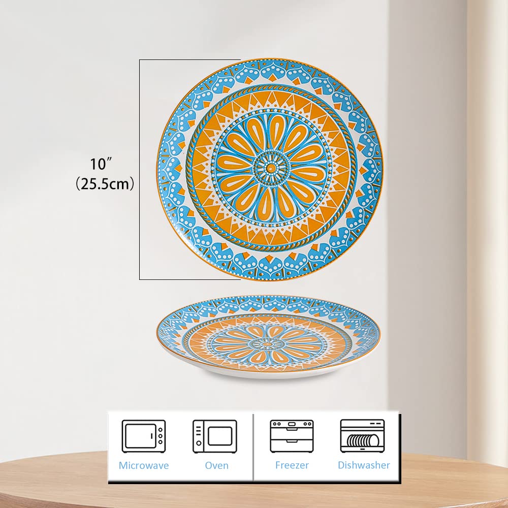 Dinner Plates Set of 6, 10 Inch Scratch Resistant Ceramic Plates, Dishwasher and Microwave Safe, Pasta Plate, Salad Plate, for Main Course, Multicolor