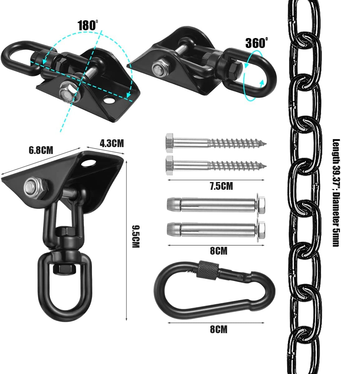 Hammock Hanging Kit with Swing Chain, 1100lbs Capacity Hanging Hooks Heavy Duty 360° Swivel for Yoga,Tree, Chair, Indoor & Outdoor Gym（Includes a 39.37" Chain）