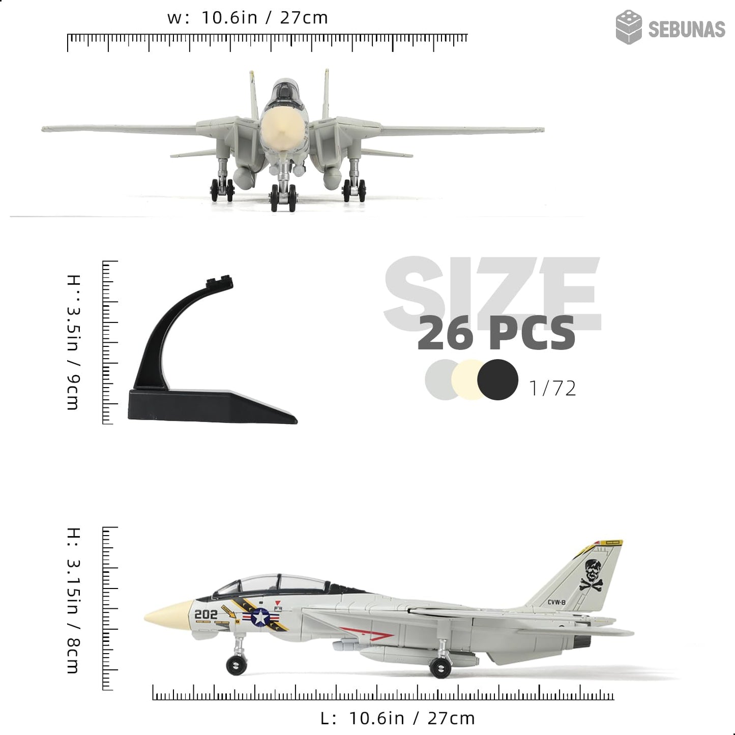 SEBUNAS 1:72 Scale F-14 Tomcat Fighter Jet Quick Build Model Kit Plastic Millitary F14 Toy Airplane Assembly Aircraft Model with Stand Gift for Kids (36PCS)