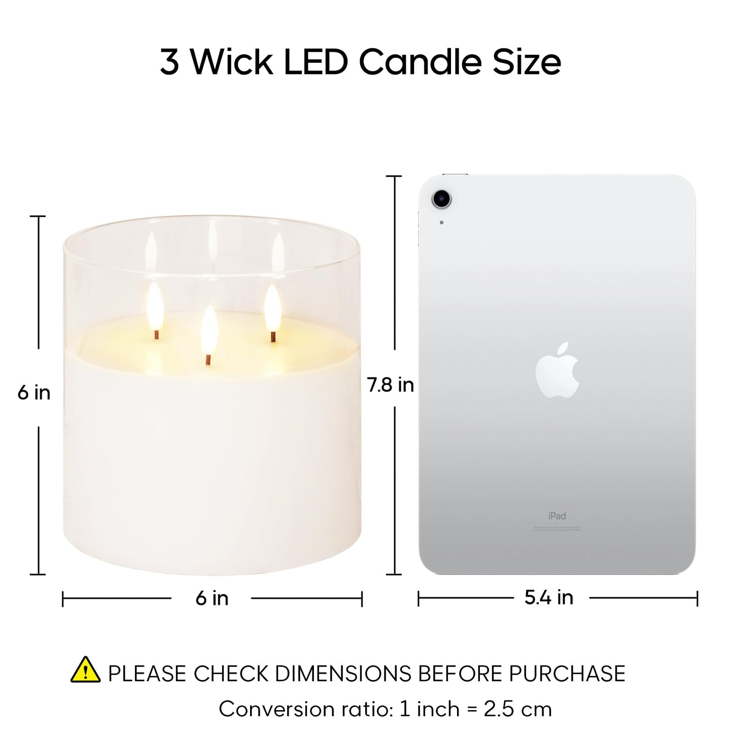 Eywamage 3 Wick Large Flameless Candles in Clear Glass, Flickering LED Battery Pillar Candle with Remote Φ 6" H 6"