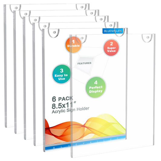 BlueValley Clear Acrylic Sign Holder 8.5x11" Wall Mount, 6 Pack Vertical Wall Document Brochure Menu Signs Holder with Mounting Sticker & Screw, Frameless A4 Poster Picture Frame for Door Wall Hanging Display Flyer Ad