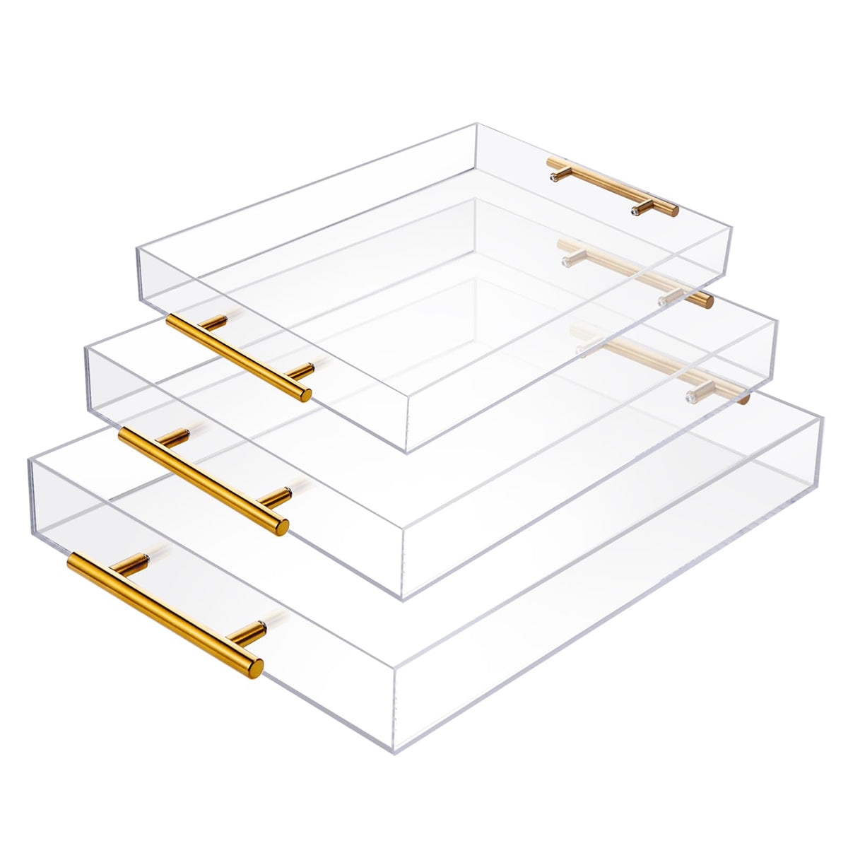 Vevitts 3 Pack Clear Sturdy Acrylic Serving Tray with Handles Decorative Trays Countertop Organizer for Coffee Table Nightstand, Sidetable, Breakfast, Tea, Food(15.4*11.6*2 13.8*10.8*2 10*10*2 inch)