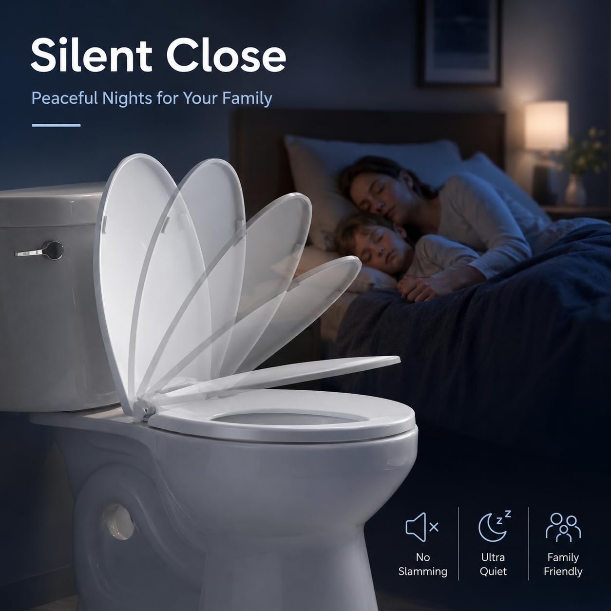 Round Toilet Seat, Standard 16.5” Slow/Soft Close Round Toilet Seat for Round Toilets, No-Slam Quiet-Close Lid, Easy-to-Install, White, Durable Never-Loosen Design