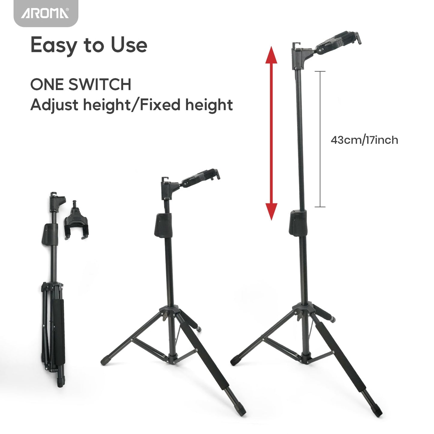 AROMA Bass Stand Universal for Acoustic Electric Classical Guitars Floor Stand Foldable with Auto-Lock Neck Holder Soild Tripod One Button Lift