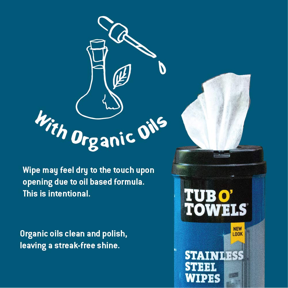 Tub O' Towels Heavy Duty Stainless Steel Cleaner Wipes, 40 Count, 2 Pack, with 12” x 12: Micro Fiber Cloth