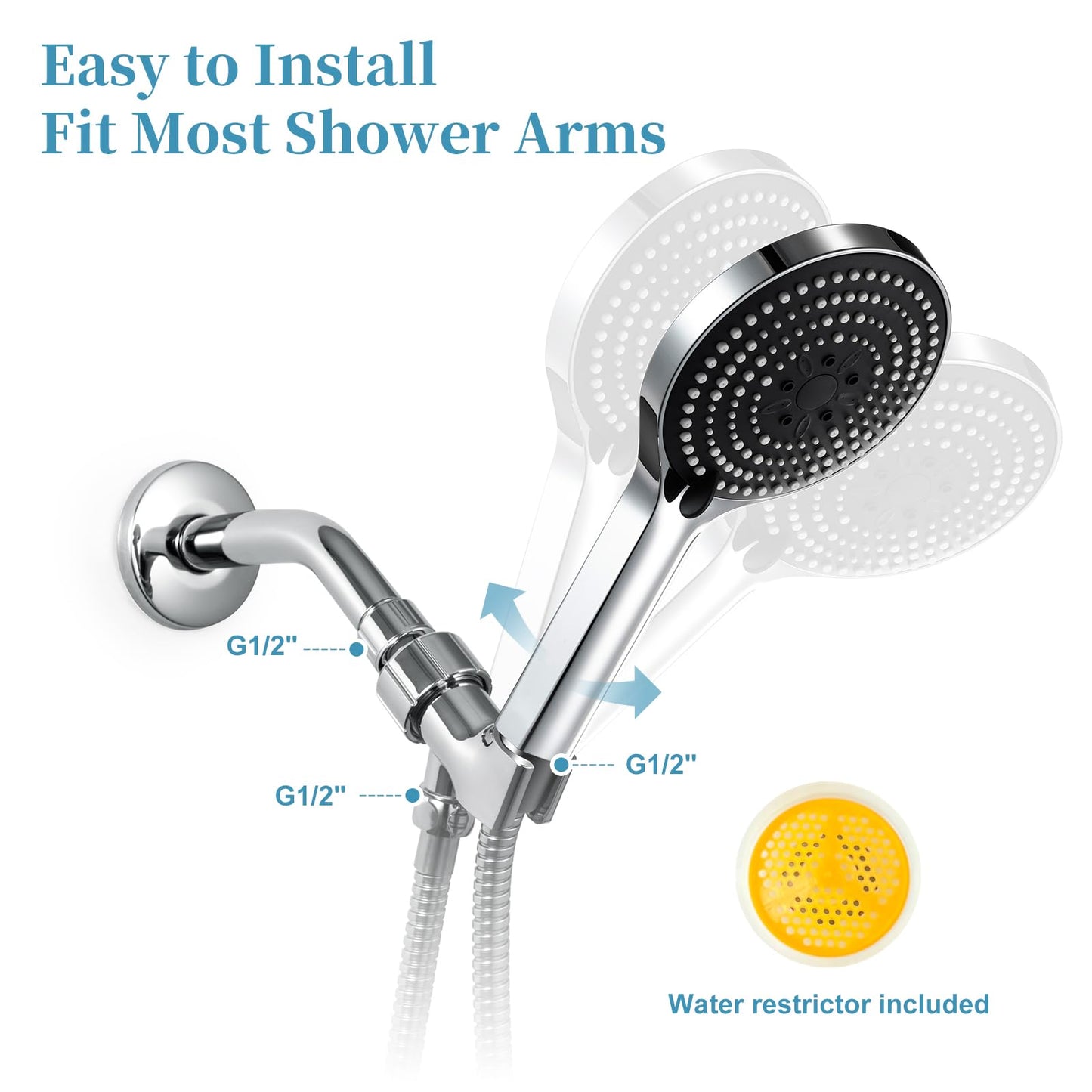 OFFO Shower Head Set, 6-Mode High Pressure Handheld Sprayer with 1.5m Stainless Steel Hose & Showerhead Holder, High Flow Large Powerful Boosting Handheld Showerhead for Low Water Pressure, Chrome