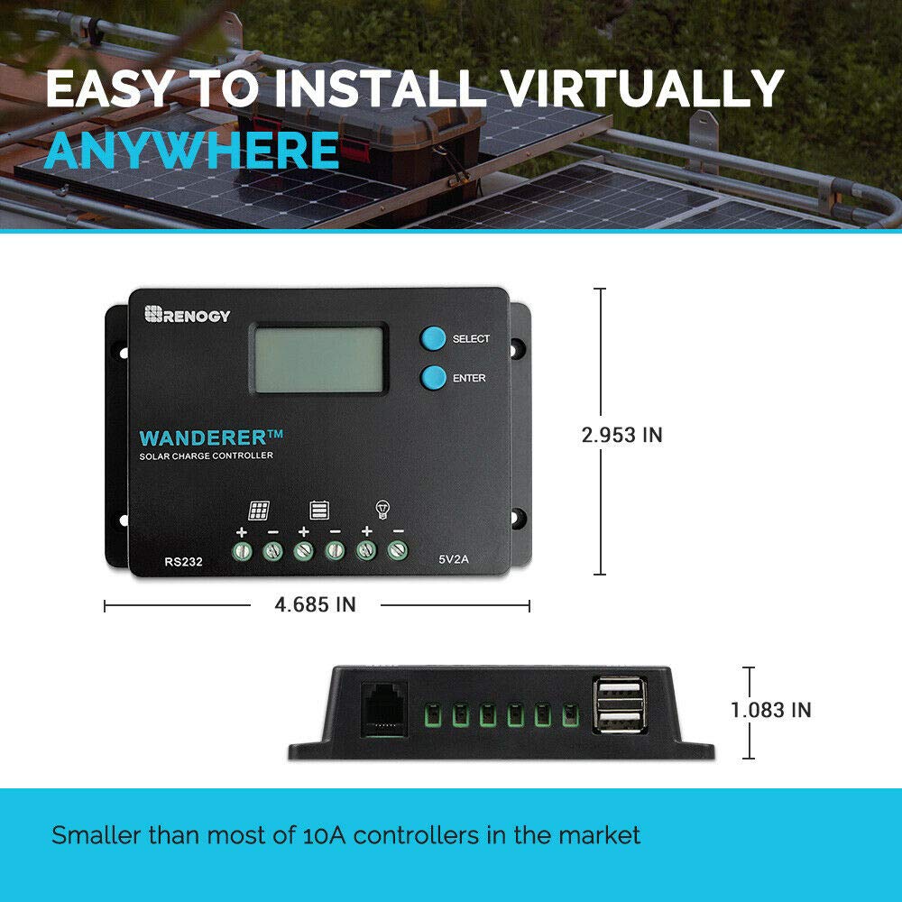 Renogy Wanderer 10 Amp 12V/24V PWM Negative Ground Solar Charge Controller Regulator