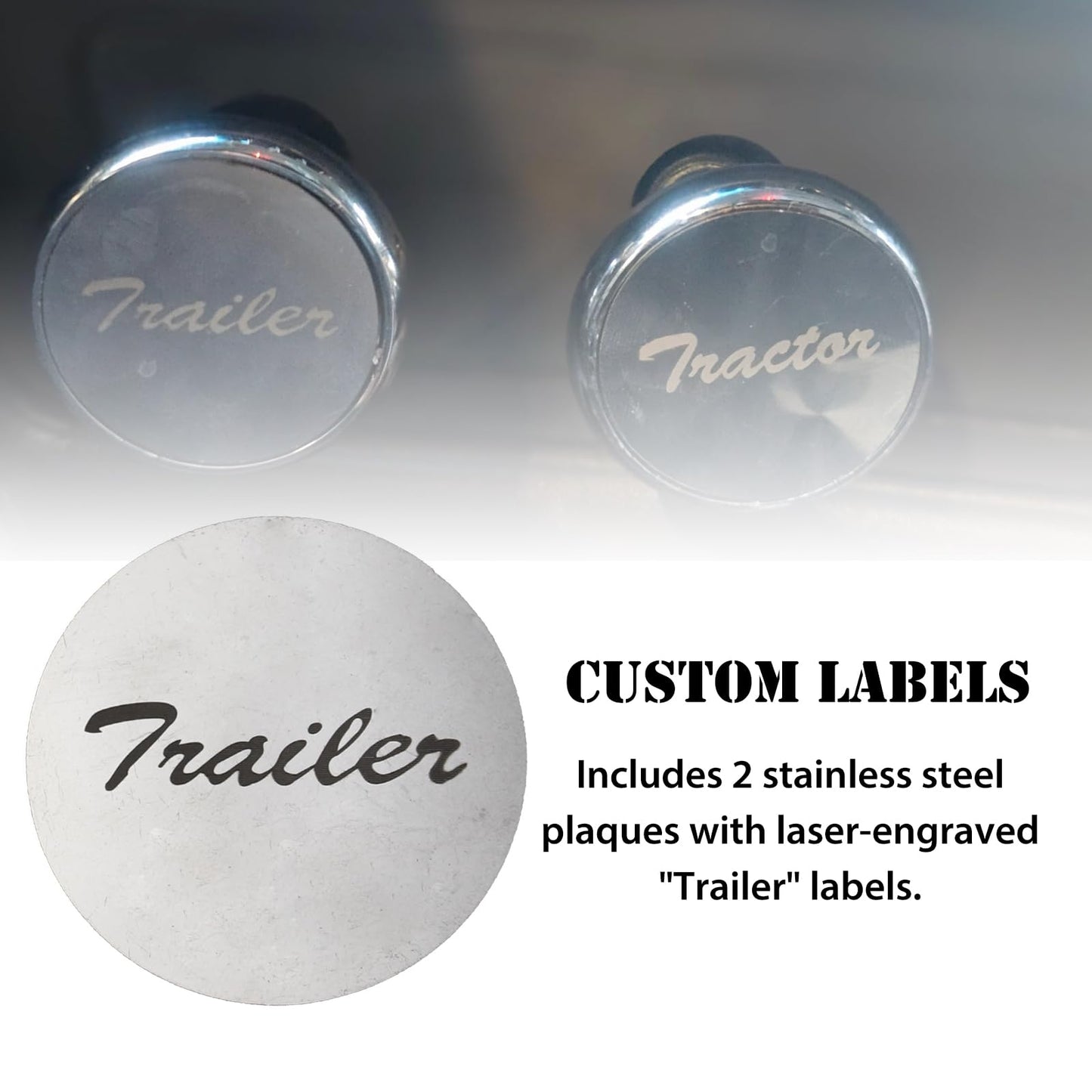 RULLINE Chrome Air Valve Knob Fit Tractor/Trailer Compatible with Peterbilt, Kenworth, Freightliner – Screw-On with Glossy Tractor/Trailer Plaques-2PCS