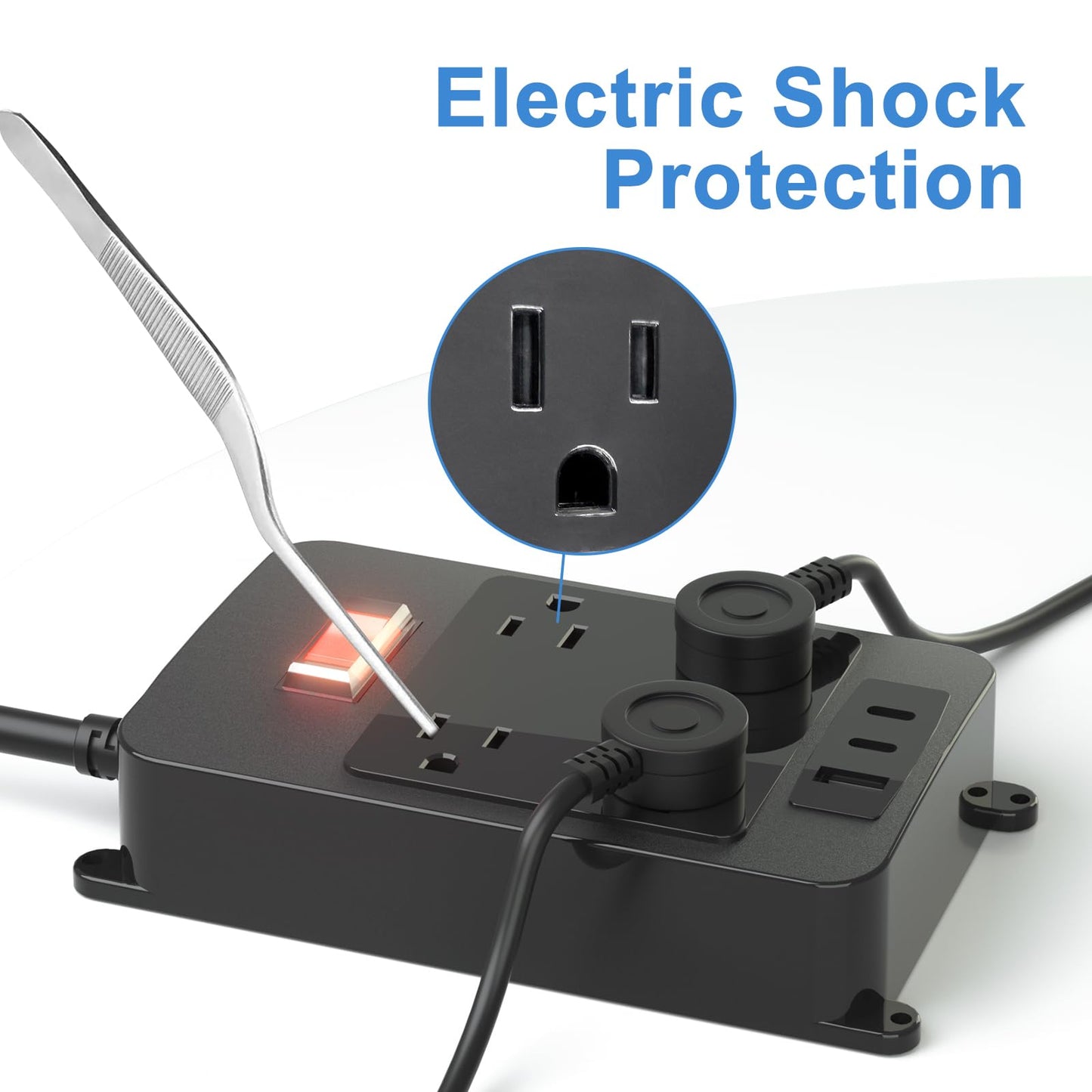 Outdoor Power Bar Waterproof with USB C, 4 Wide AC Outlets Heavy Duty Surge Protector with Flat Plug, Waterproof Shockproof Extension Cord with 2 USB C Port and 1 USB A Port, 6 Ft Cord, Black