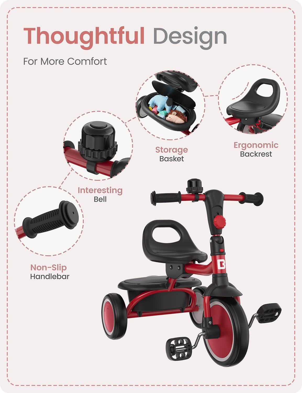 besrey Kids Tricycles Age 18 Month to 5 Years, Toddler Tricycle Kids Trikes Tricycle, Gift Toddler Tricycles for 2-5 Year Olds, Gift & Toys for Boy & Girl, Trikes for Toddlers, Red