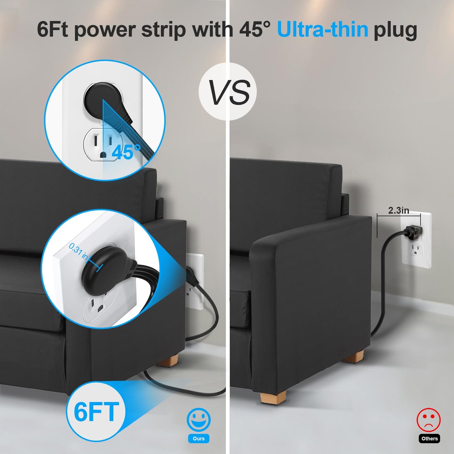 2 Pack Ultra Flat Plug Power Bar,Power Bars with Surge Protection-4 Widely Outlets,6 ft Flat Plug Extension Cord with 3 USB Ports(1 USB C Port),Slim Desk Charging Station,Black