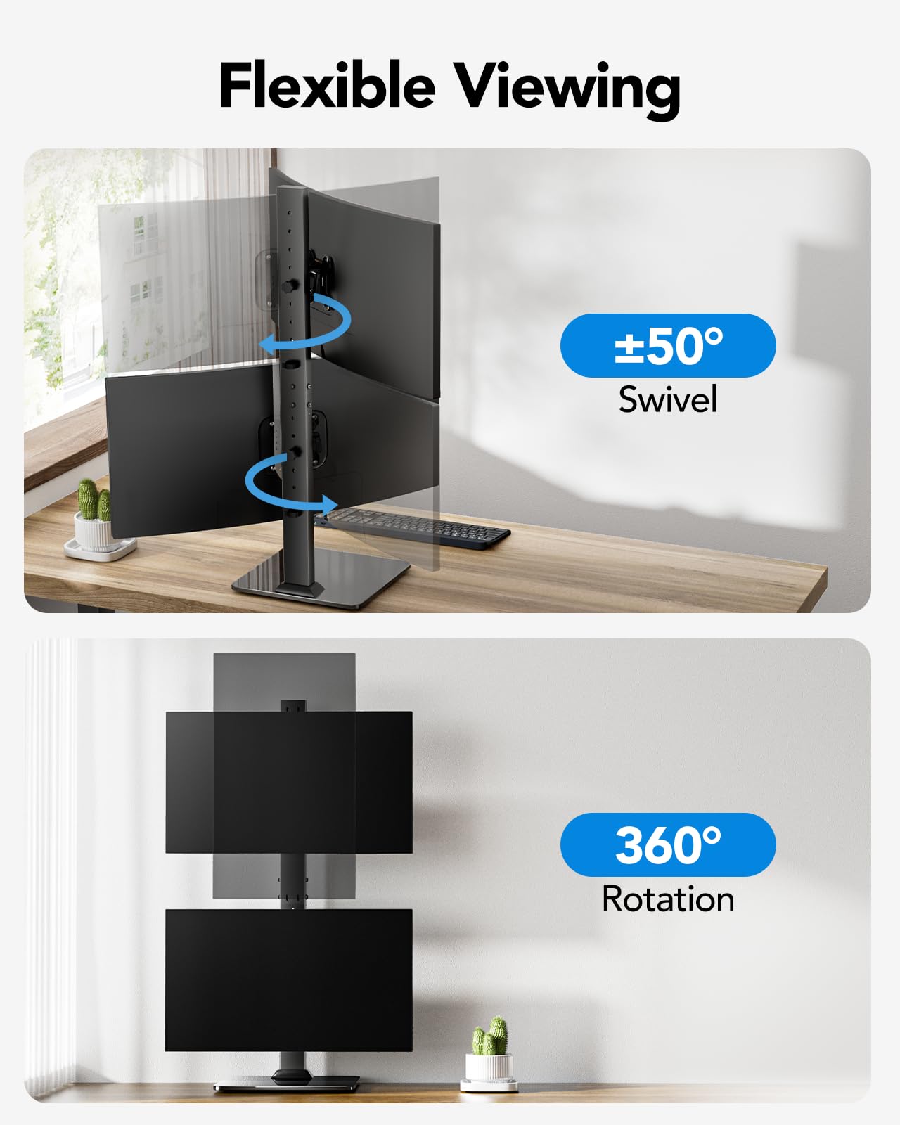 HUANUO Advanced Dual Monitor Stand with Tempered Glass Base - Vertical Mount for 13-34" Screens (44 lbs Each). Engineered Stability for Working, Gaming. Swivel, 360° Rotation & 13 Height Adjustments.