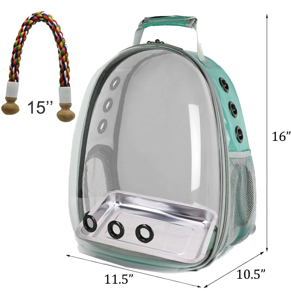Bird Carrier Backpack, Bubble Bird Travel Carrier Backpack with Stainless Steel Tray Food Cup Standing Perch (Green)