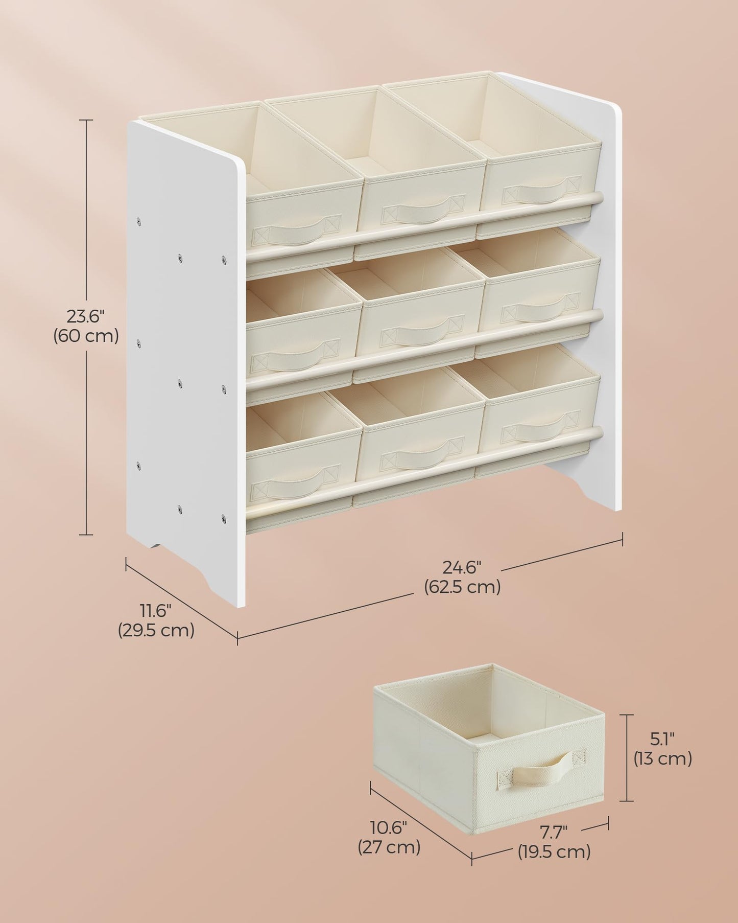 SONGMICS Toy Organizer, Kid Toy Shelf with 9 Non-Woven Fabric Boxes, for Children's Room and Playroom, Spacious, 11.6 x 24.6 x 23.6 Inches, Cloud White UGKR033W10