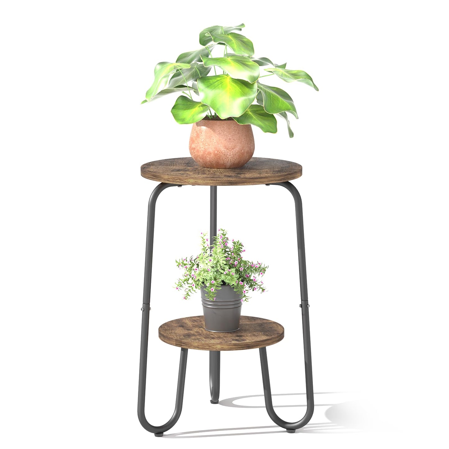 REFGY 2 Tier Wood Plant Stand Indoor, Small Round Flower Pot Stand, 19.6" Tall Single Plant Holder for Living Room, Balcony, Rustic Brown End Side Table（Rustic Brown）