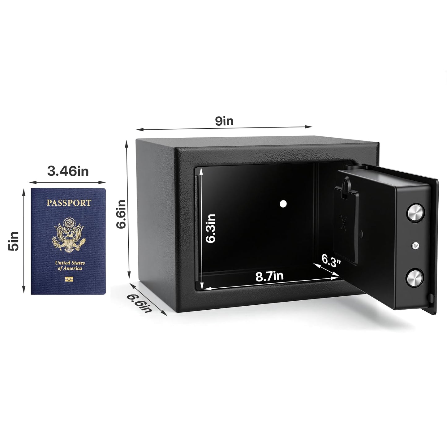 JEAWIWI Safe Box Steel 0.23 Cubic Feet, Black Fire and Water Proof Small Safe, Money Safe with Key and Electronic Keypad Security Lock, for Cash, Documents, Jewelry, 9" x 6.7" x 6.7" Inches