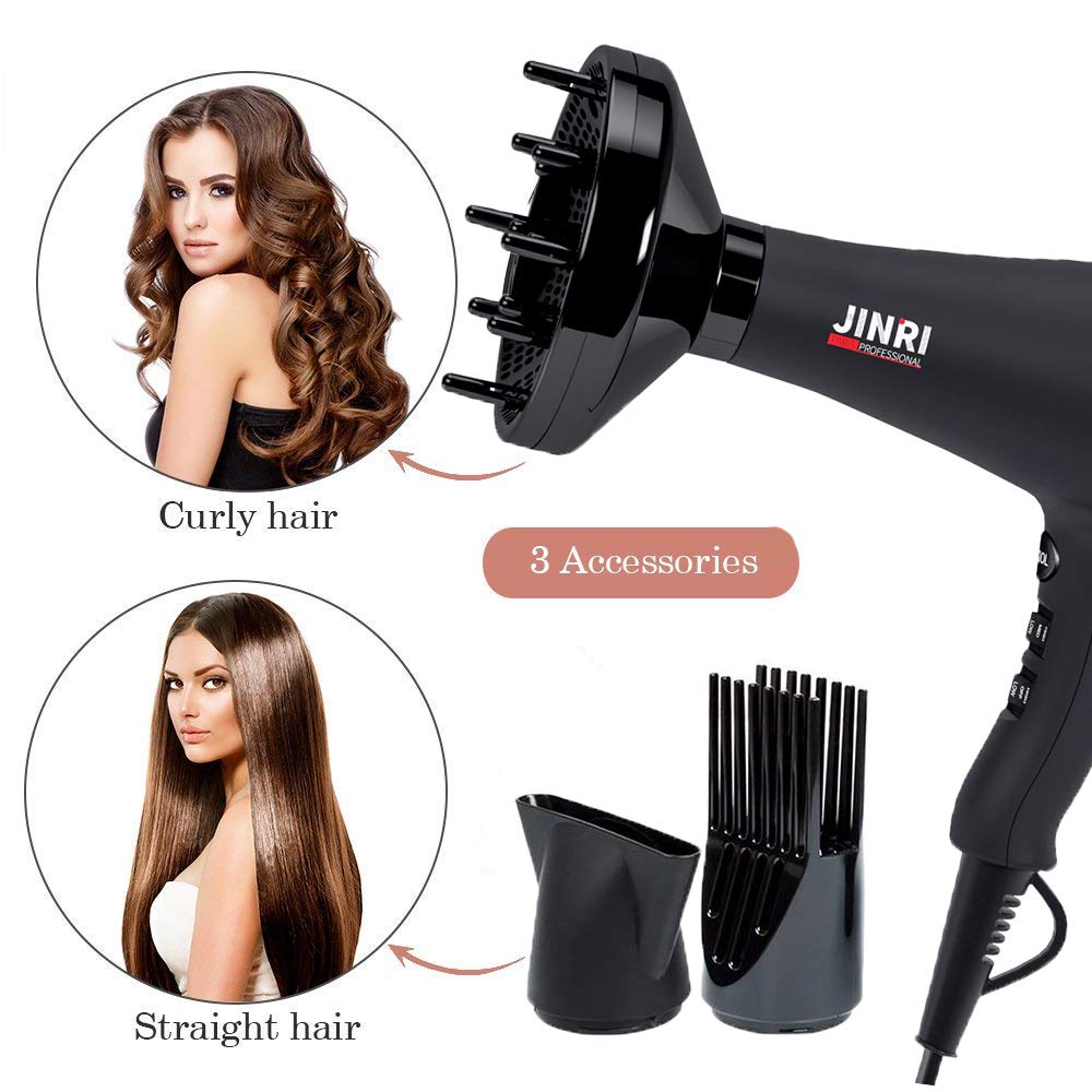 JINRI Ionic Hair Dryer with Diffuser & Comb and Concentrator, Lightweight Quiet Infrared Blow Dryer, Powerful 1875 Watt Motor for Smooth and Fast Drying Hair, Black