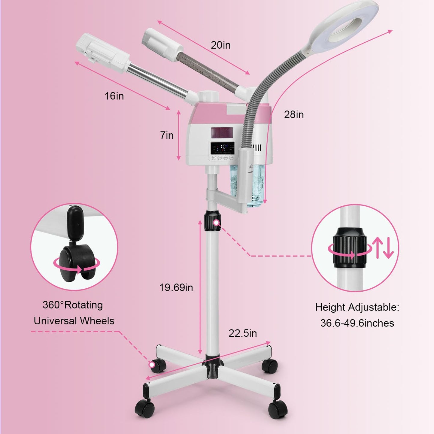 Professional Facial Steamer, 3 in 1 Facial Steamer with 5X Magnifying Lamp Hot&Cool Mist, Esthetician Steamer on Wheels, Stand Face Steamer with Time Setting for Home Salon Spa