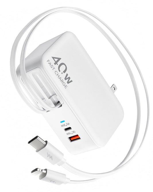 4-in-1 Retractable Gan Wall Charger Plug for iPhone 17 USB C,Travel Essentials Brick Multiport,3ft Lightening+ Type C Cables,40W Fast Charging Foldable Block for iPhone 17 Pro/16/15/14/13,iPad,Galaxy