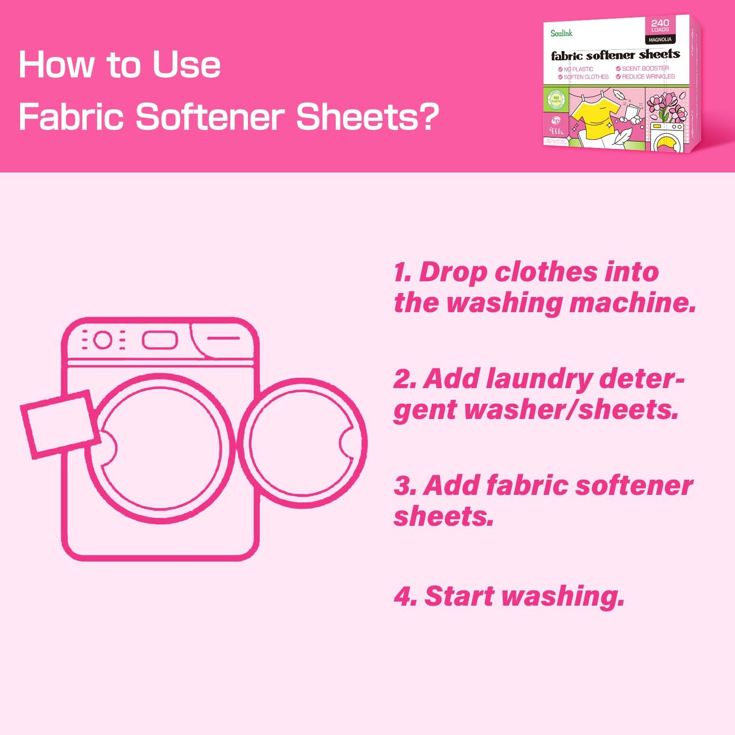 Soulink Fabric Softener Sheets for Washing Machine, No Plastic Jug Soap Strips, Alternative to Fabric Softener Liquid and Pods, Magnolia Scent, Up to 240 Loads