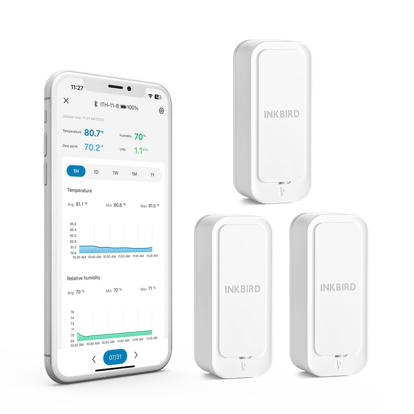 INKBIRD ITH-11-B Bluetooth Thermometer Hygrometer, Smart Digital Temperature Humidity Sensor with IP65 Waterproof, 2 Years Data Storage Export, for Home Room Greenhouse Wall, 3 Pack (with Battery)