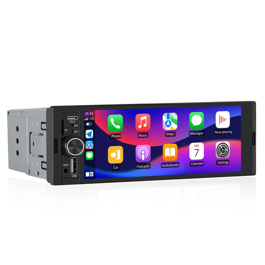Pyniro Single Din Car Radio with 6.36" IPS Touchscreen, Wireless CarPlay & Android Auto, Backup Camera, Bluetooth, External Mic, USB/TF/FM Support