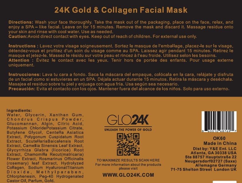 24K GOLD & Collagen Facial Mask A Potent Hydrating, Nourishing, and Recharging 24K Gold & Collagen Facial Mask