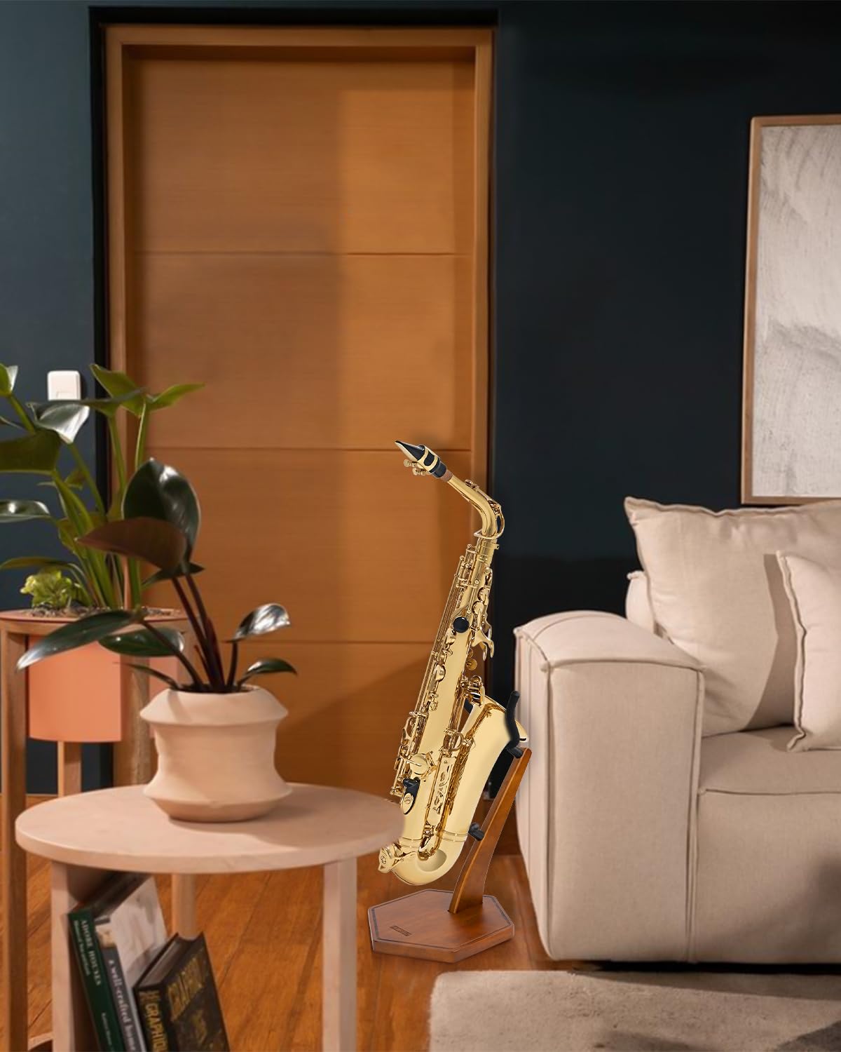 STRICH Wooden Saxophone Stand Display For Alto Tenor Sax, Handmade Solid Wood Floor Stand Holder Colour Walnut, Weighted Heavy Base (FH-4, Sax)