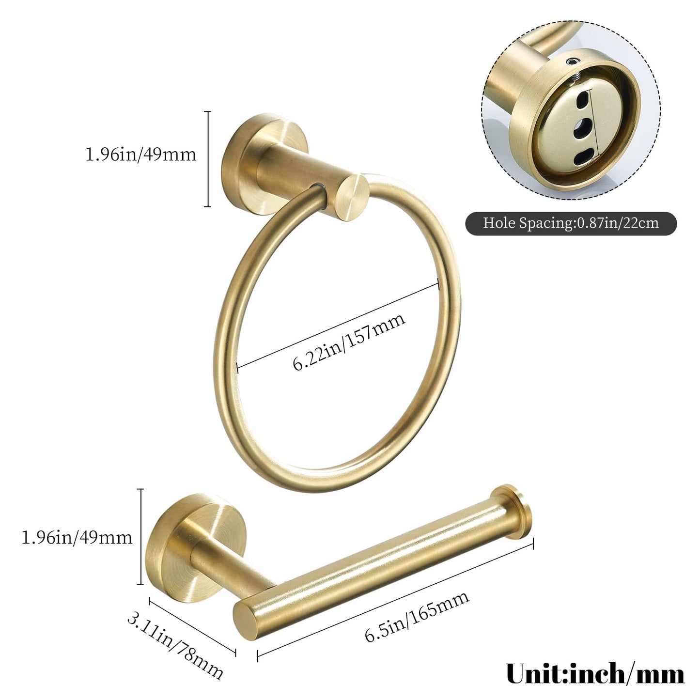 FAIRGIA Toilet Paper Holder Towel Ring Brushed Gold Bathroom Hardware Hand Towel Holder Bathroom Accessories Set Wall Mount Stainless Steel 2 Pieces