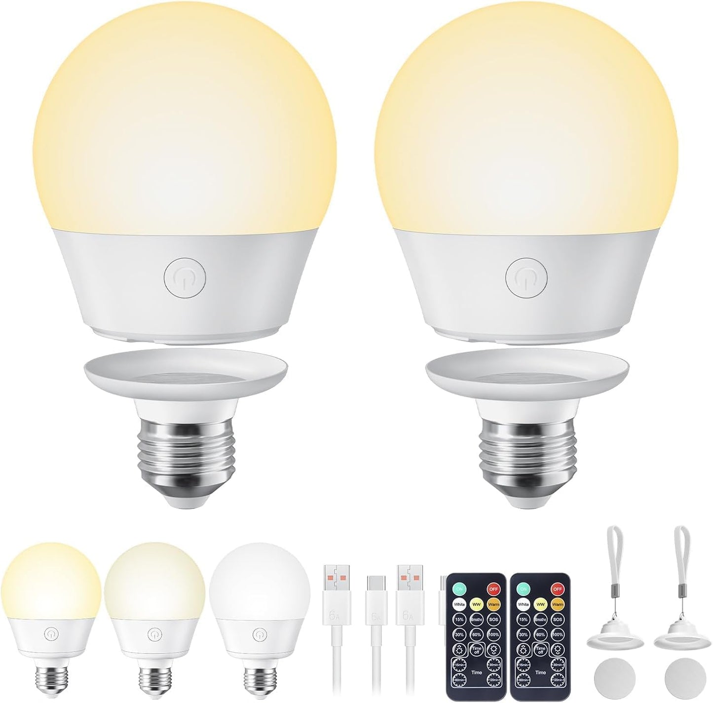 USB Rechargeable Light Bulb with Remote and Timer, Battery Backup Bulb for Sconces and Lamps, Portable Night Light, Emergency LED Light, E26 Detachable Charging, 3 Lighting Colors, Dimmer, 7W, 2 Pack