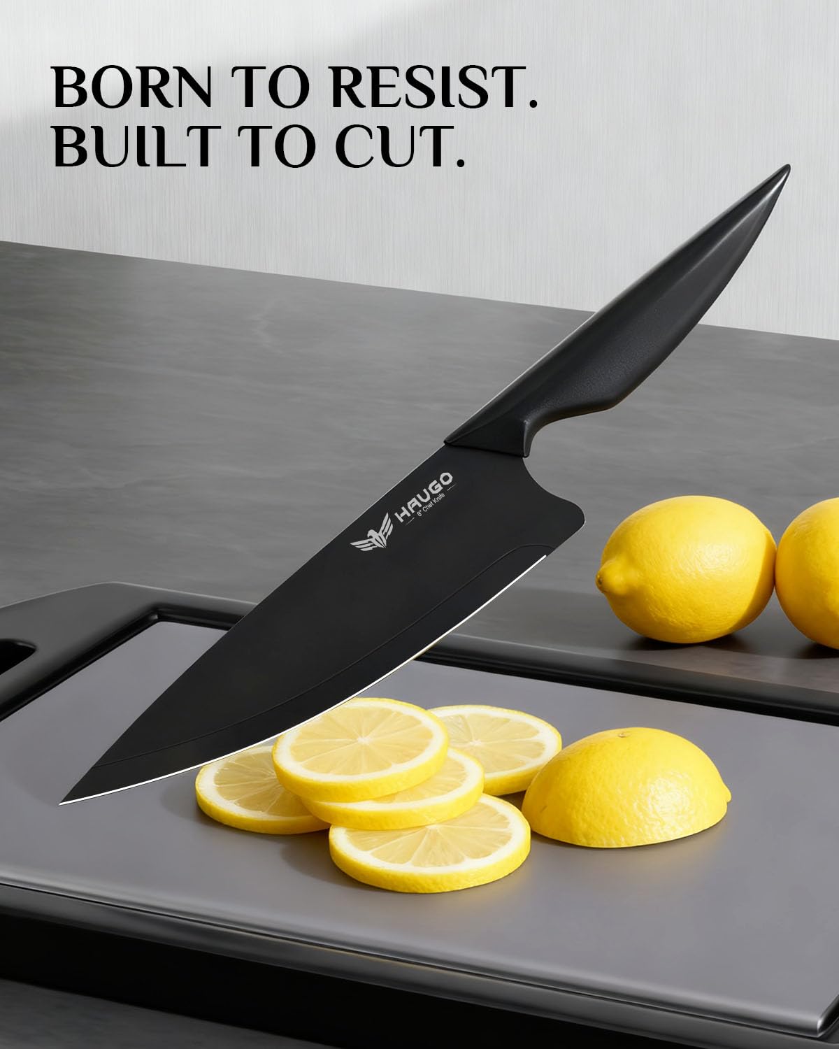 Haugo Kitchen Knife Set with Block: 15-Piece High Carbon Stainless Steel Professional Knives - Dishwasher Safe and Sharpener - Comfortable Grip Reduces Hand Fatigue 30% - Black Knife Set for Cooking