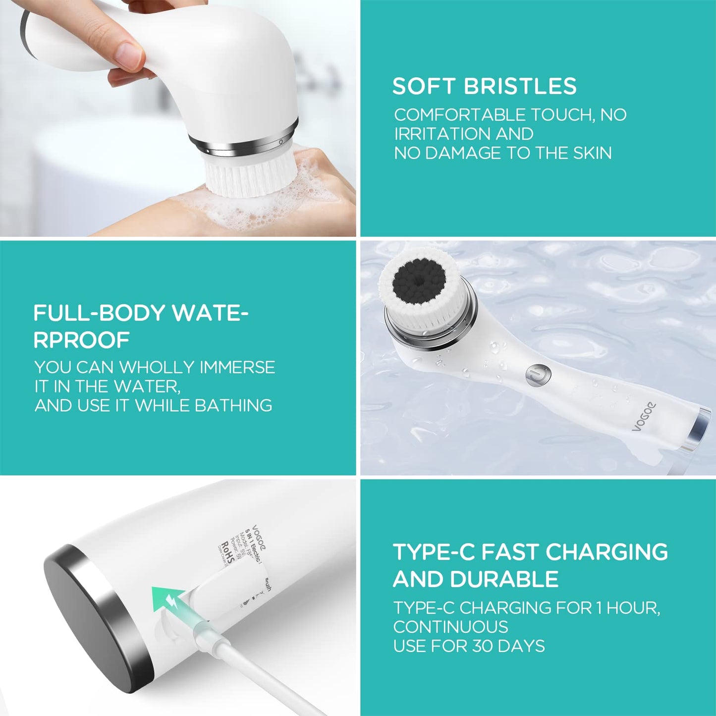 Facial Cleansing Brush Rechargeable, Spin Face Wash Brush IPX7 Waterproof Electric Face Scrubber Exfoliator, 3 Speeds & 5 Brushes for Cleansing and Exfoliating, White