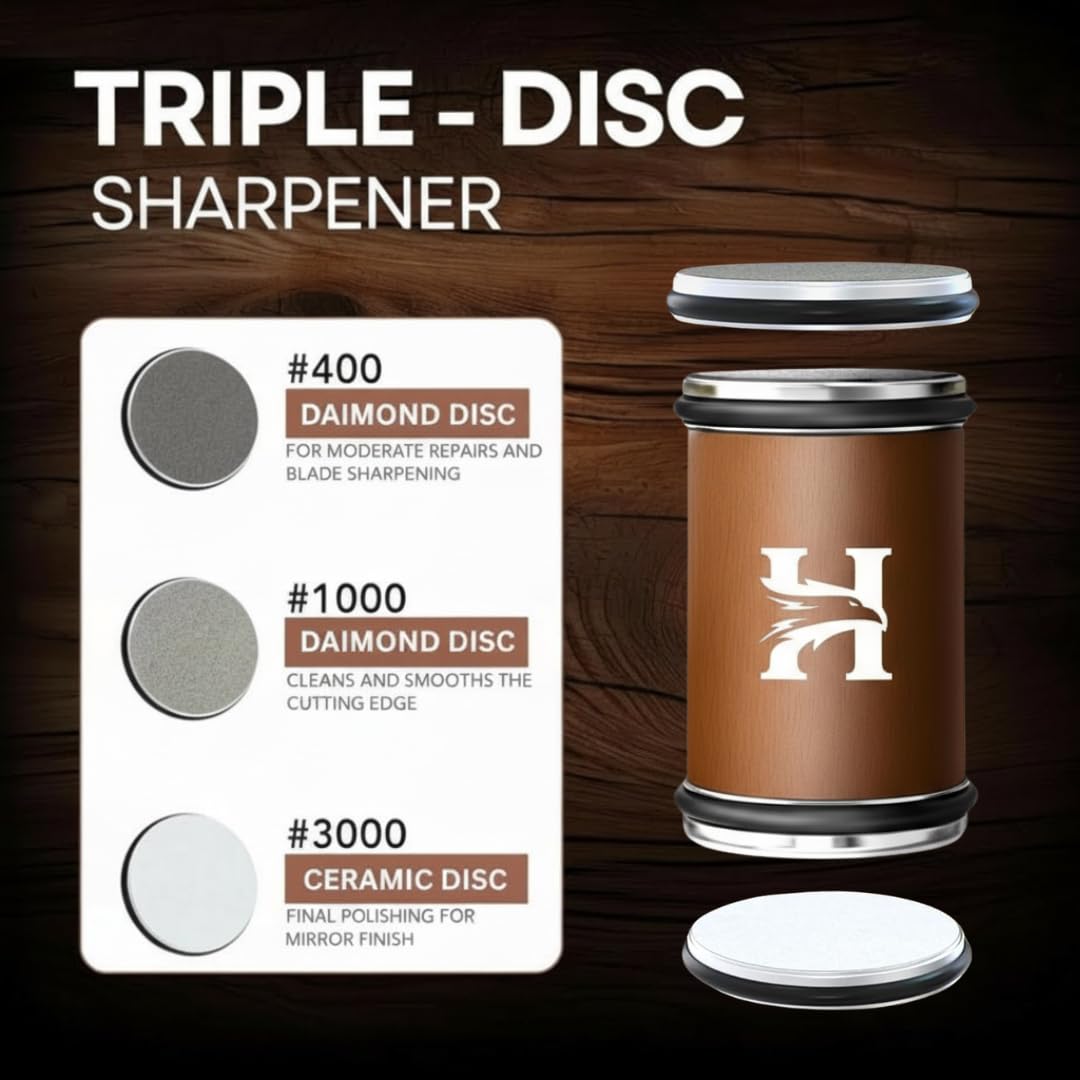 High Carbon Stainless Steel Rolling Knife Sharpener Kit – 400, 1000 & 3000 Grit Discs –15° & 20° Sharpening Angles – Professional & Home Kitchen Use – Restores Blunt Knives