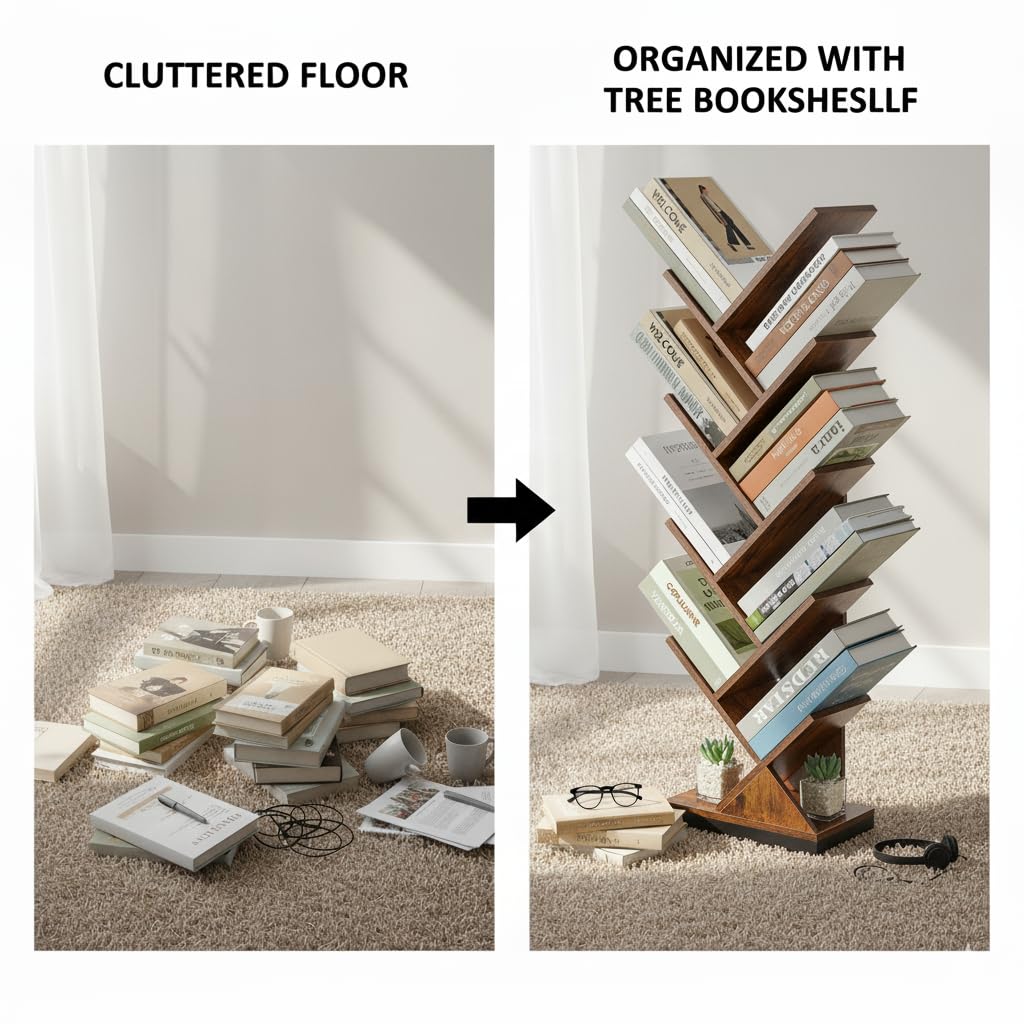RUBOKA 9 Tier Tree Bookshelf, Shelf Floor Standing Bookcase Display for CDs/Magazine/Books, Retro Bookcase for Bedroom, Living Room, Office, Balcony, Book Organizer Storage Shelve, Classic
