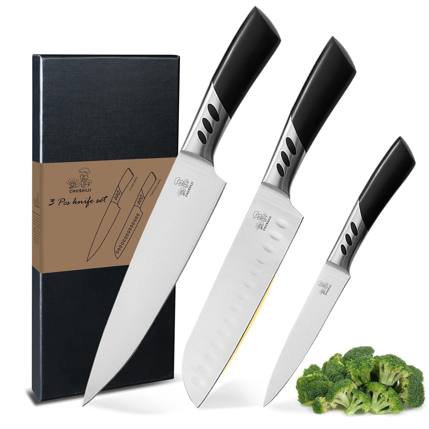 CHUSHIJI Kitchen Knife,3-Piece Stainless Steel Knife Set, Kitchen Knives Set,Chef Knife Set,8 Inch Chef's Knife,7 Inch Santoku Knife,5 Inch Utility Knife,Kitchen Gadgets for Women & Men with Gift Box