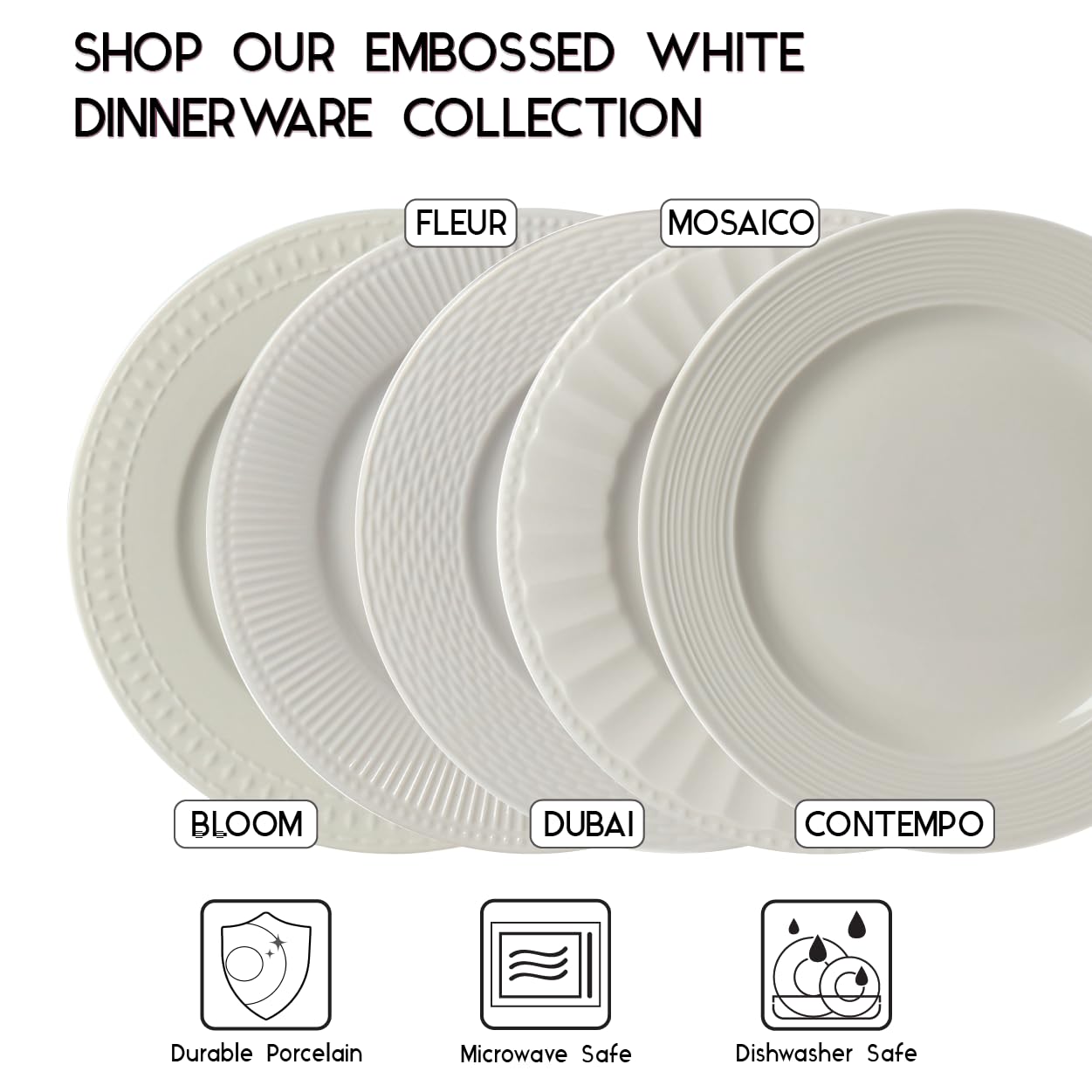 Tabletops Gallery Embossed White Porcelain Round Dinnerware - Bloom 12 Piece Dinnerware Set