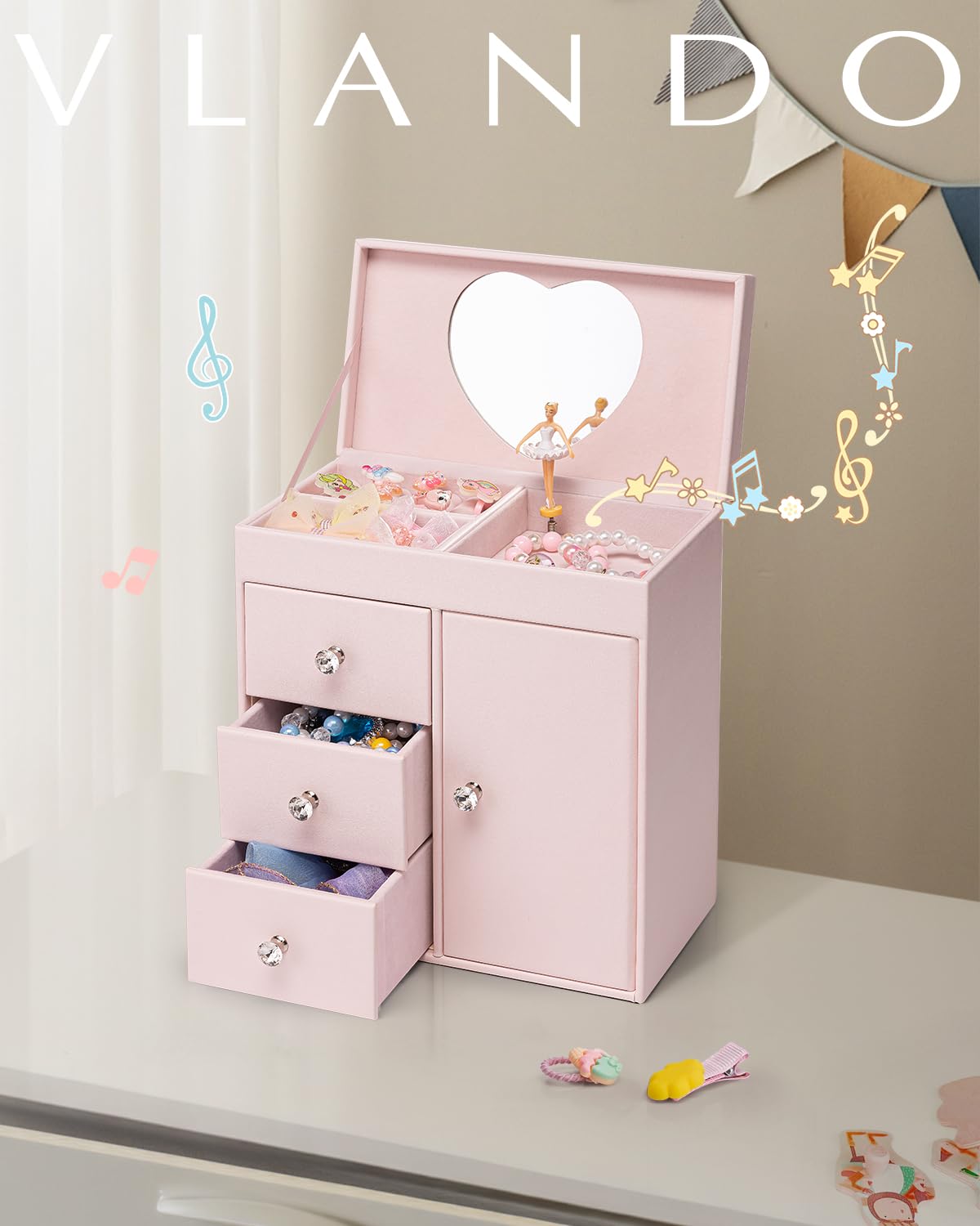 Vlando Musical Jewelry Box for Girl,4 Layer Large Music Jewelry Boxes with Ballerina,Girls Jewelry Box with Mirror, Birthday Childrens Gifts,Girls Gifts 8-12 years old,Light Pink