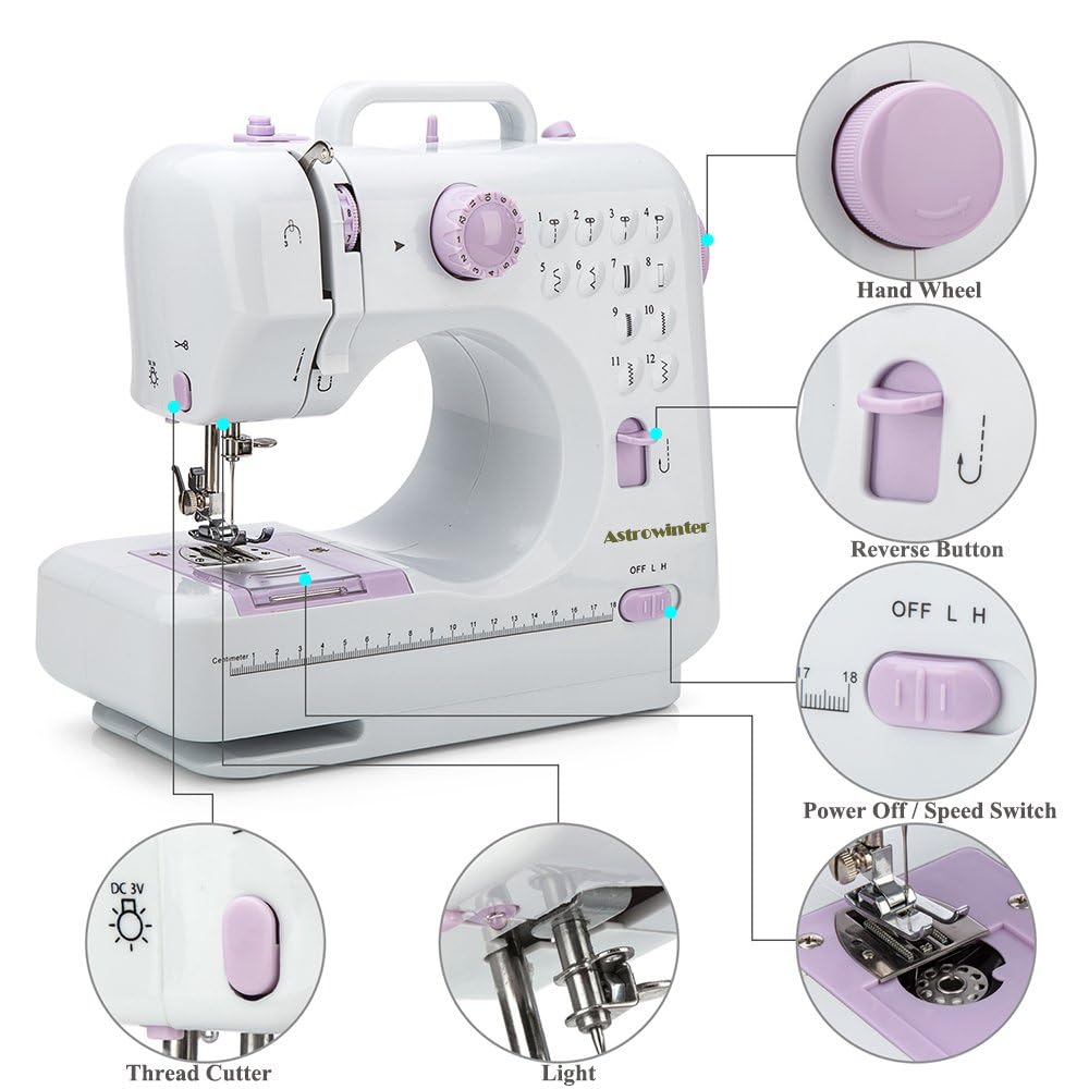 Mini Sewing Machine for Beginner by Astrowinter - Small Electric Sewing Machines with 2 Speed 12 Built-in Stitch Patterns AW-054-CA-A20