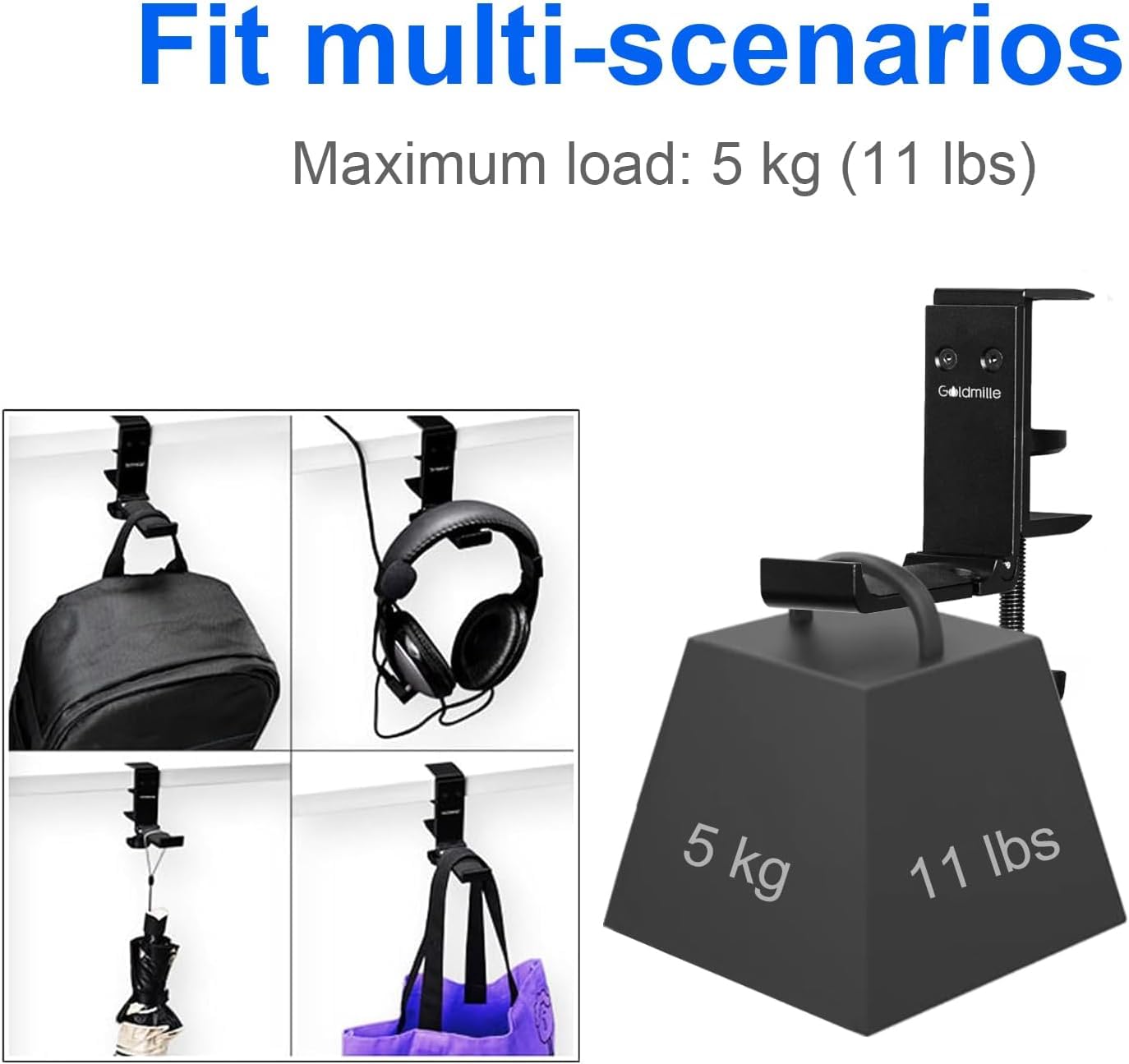 Goldmille Aluminum Headphone Stand Hanger Foldable with Cable Clip - Headset Holder Clamp Hook Under Desk, Save Your Space While Working & Gaming - 2Pack