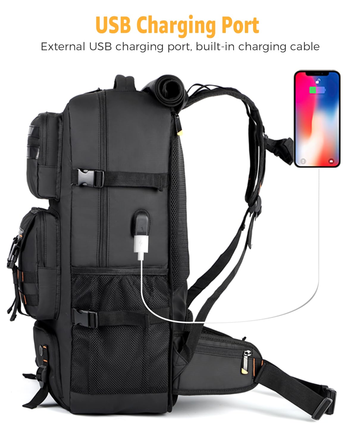 Ponhog Travel Backpack for Men - 50L Convertible Duffle Bag with Shoe Compartment, Carry On Laptop Backpack with USB Charging Port, Water Resistant Hiking Backpack Gym Daypack, Black