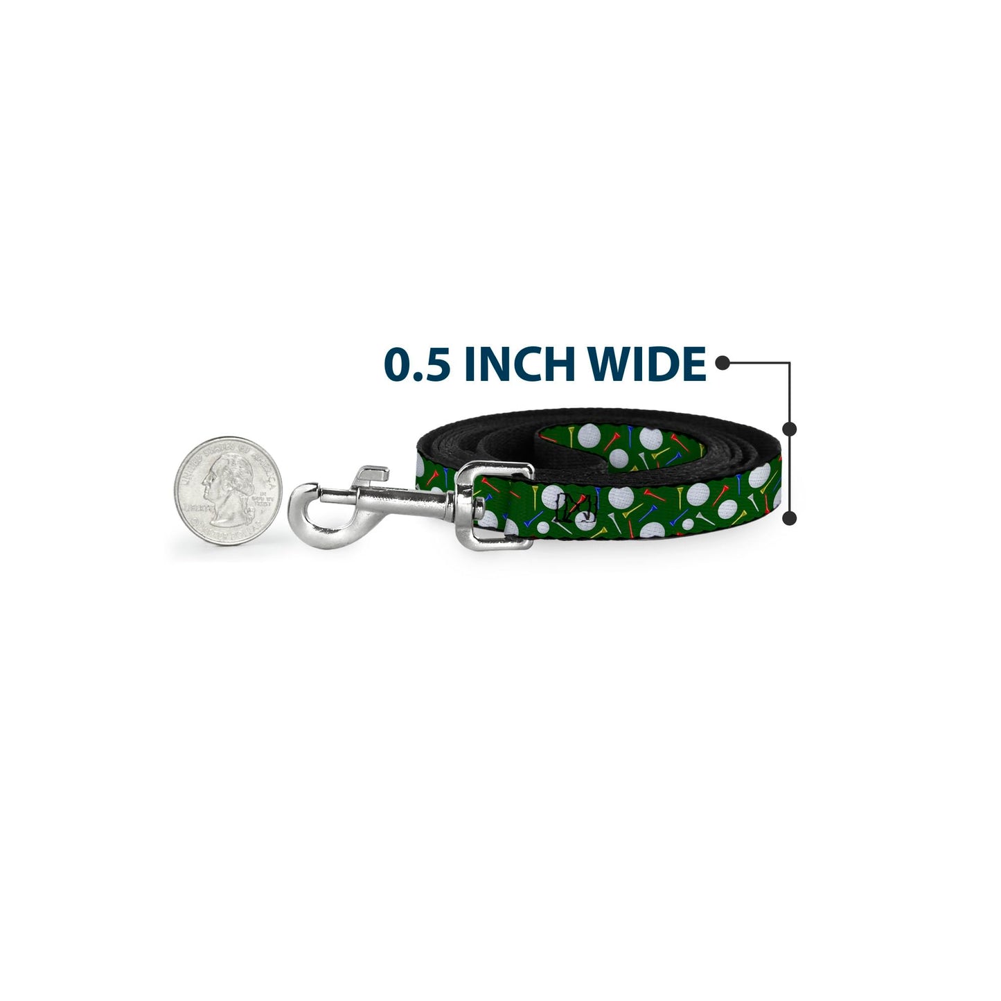 Dog Leash Golf Balls Tees Scattered Green Multi Color 6 Feet Long 1.0 Inch Wide