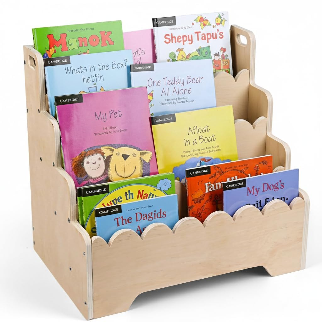 Wooden Tiered Montessori Kids Bookshelf & Portable Baby Book Organizer – Front-Facing 4-Tier Display Shelf with Scalloped Edge – Natural Wood Small Children Book Case for Nursery & Toddler Playroom