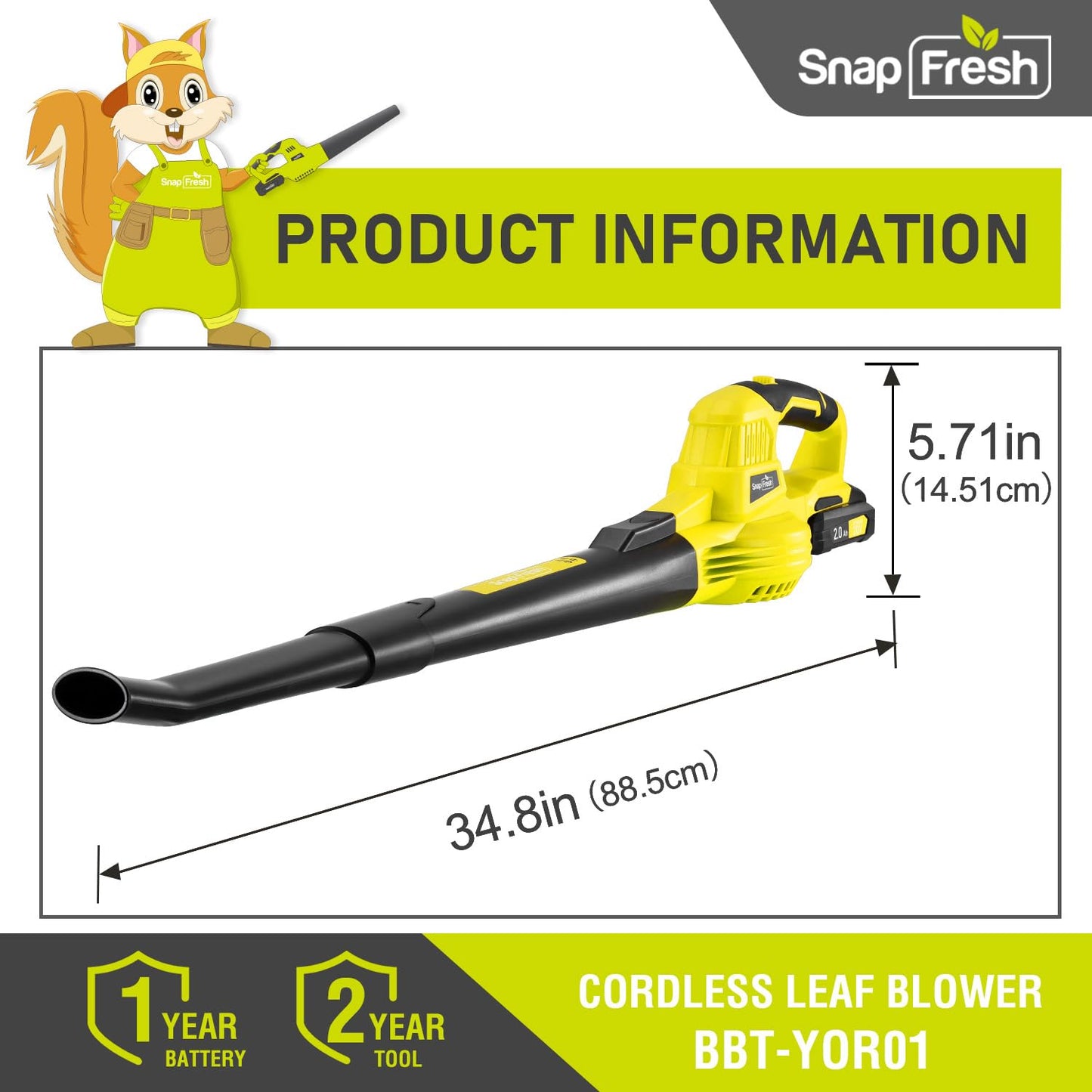 SnapFresh Leaf Blower Cordless - 20V Electric Leaf Blower with 2.0Ah Battery & Charger, Lightweight 2-Speed Leaf Blowers for Lawn Care and Yard/Garden/Patio Cleaning, Yellow
