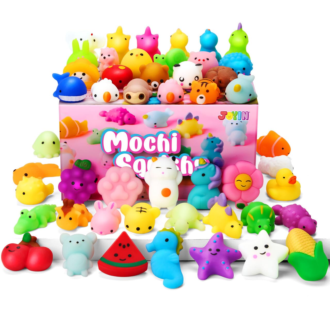 JOYIN Mochi Squishy Toys Set, 100 Pack Mini Mochi Party Favors for Kids, Kawaii Squishy Toy Stress Relief Toys, Goodie Bags Fillers with Storage Box, Pinata Stuffers, Classroom Prizes