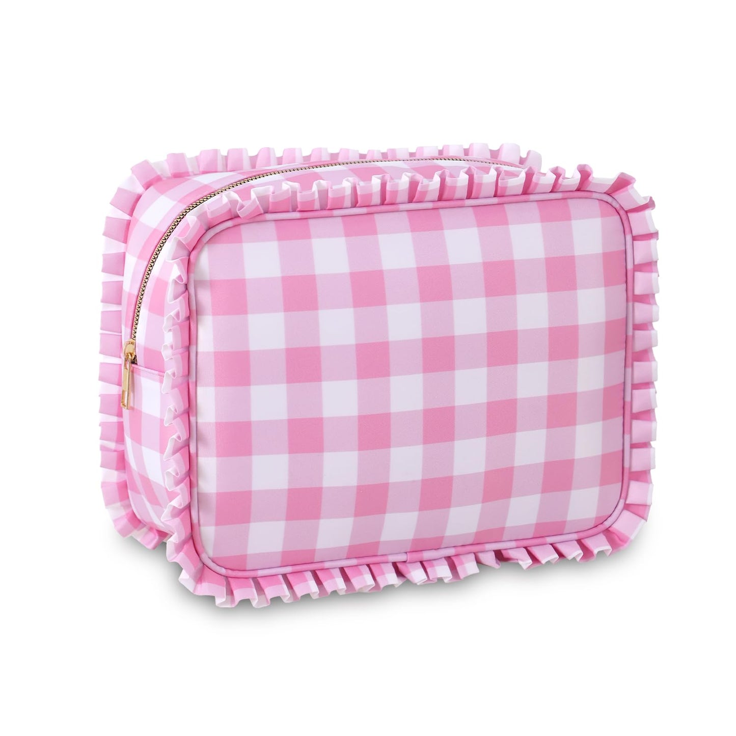 EMBRUNIOICE Gingham Ruffle Makeup Bag,Large Travel Cute Cosmetic Bag for Women Girls,Toiletry Bag Make up Organizer 11.8 x 4.7 x 9 inch (Pink Gingham)